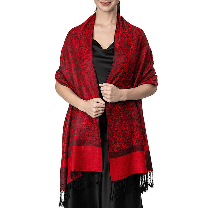 Chal de borlas de jacquard tibetano con Buddha Stones y anacardo para primavera, otoño e invierno, cálido y acogedor - Rojo 180*70cm - image 24
