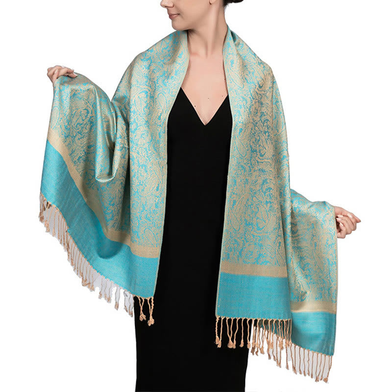 Chal de borlas de jacquard tibetano con Buddha Stones y anacardo para primavera, otoño e invierno, cálido y acogedor - Turquesa 180*70cm - image 31