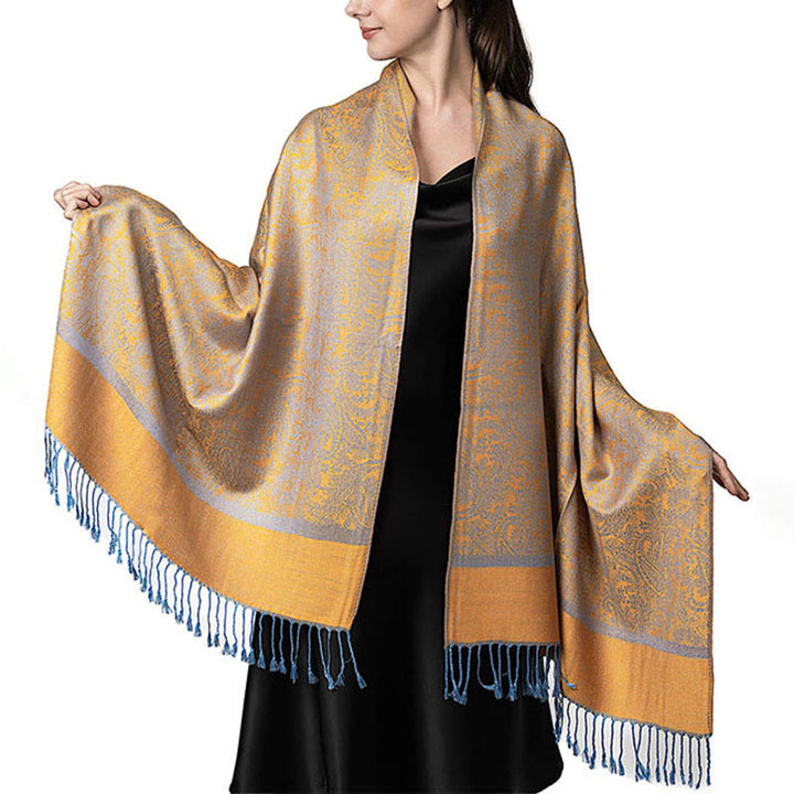 Chal de borlas de jacquard tibetano con Buddha Stones y anacardo para primavera, otoño e invierno, cálido y acogedor - Oro 180*70cm - image 32