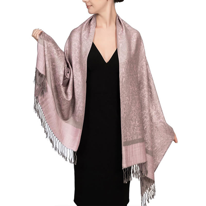 Chal de borlas de jacquard tibetano con Buddha Stones y anacardo para primavera, otoño e invierno, cálido y acogedor - Rosa brumosa 180*70cm - image 34