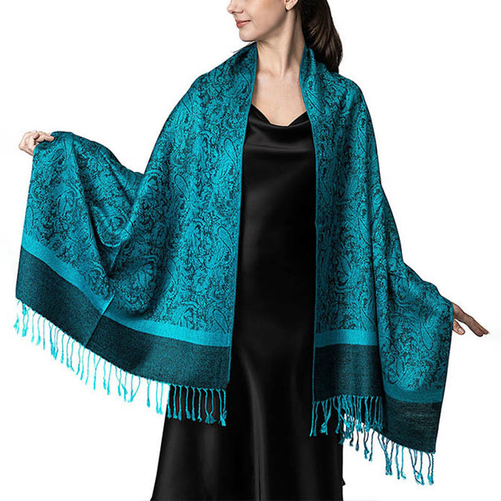 Chal de borlas de jacquard tibetano con Buddha Stones y anacardo para primavera, otoño e invierno, cálido y acogedor - Cian oscuro 180*70cm - image 37