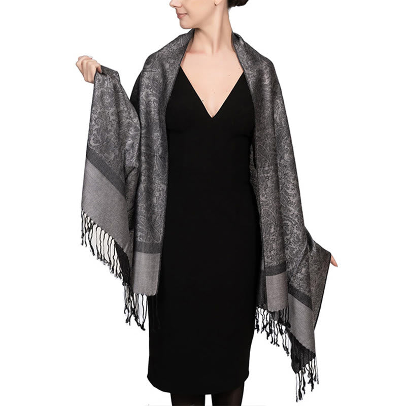 Chal de borlas de jacquard tibetano con Buddha Stones y anacardo para primavera, otoño e invierno, cálido y acogedor - Gris 180*70cm - image 39