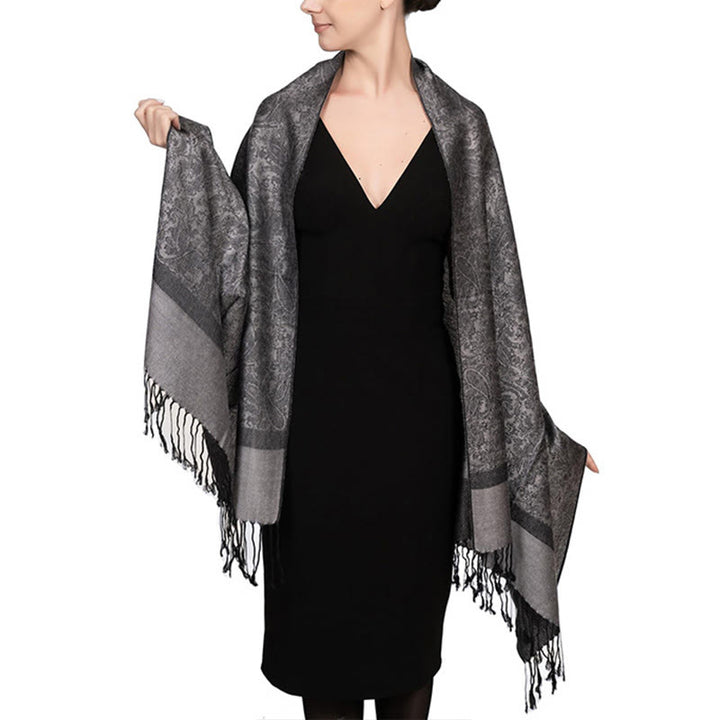Chal de borlas de jacquard tibetano con Buddha Stones y anacardo para primavera, otoño e invierno, cálido y acogedor - Gris 180*70cm - image 39