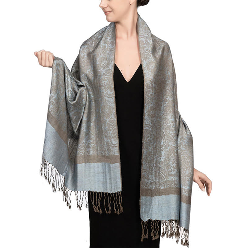 Chal de borlas de jacquard tibetano con Buddha Stones y anacardo para primavera, otoño e invierno, cálido y acogedor - Azul acero claro 180*70cm - image 41