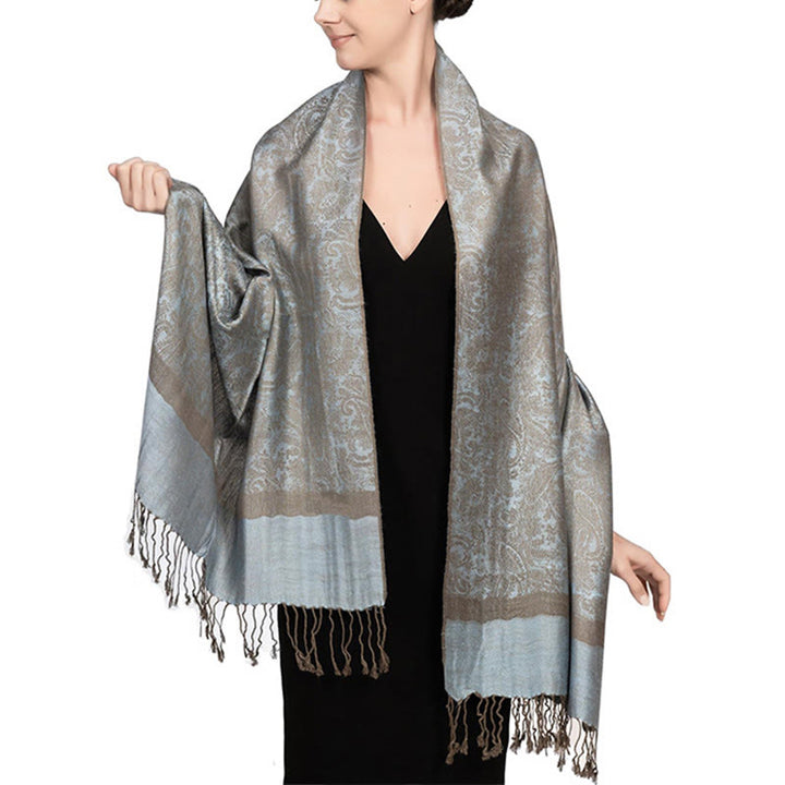 Chal de borlas de jacquard tibetano con Buddha Stones y anacardo para primavera, otoño e invierno, cálido y acogedor - Azul acero claro 180*70cm - image 41