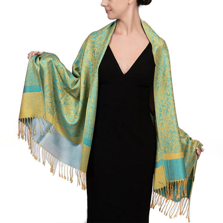 Chal de borlas de jacquard tibetano con Buddha Stones y anacardo para primavera, otoño e invierno, cálido y acogedor - Verde pálido 180*70cm - image 44