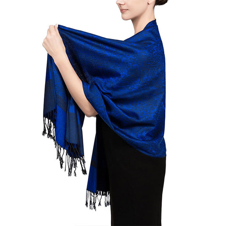 Chal de borlas de jacquard tibetano con Buddha Stones y anacardo para primavera, otoño e invierno, cálido y acogedor - Azul marino 180*70cm - image 46