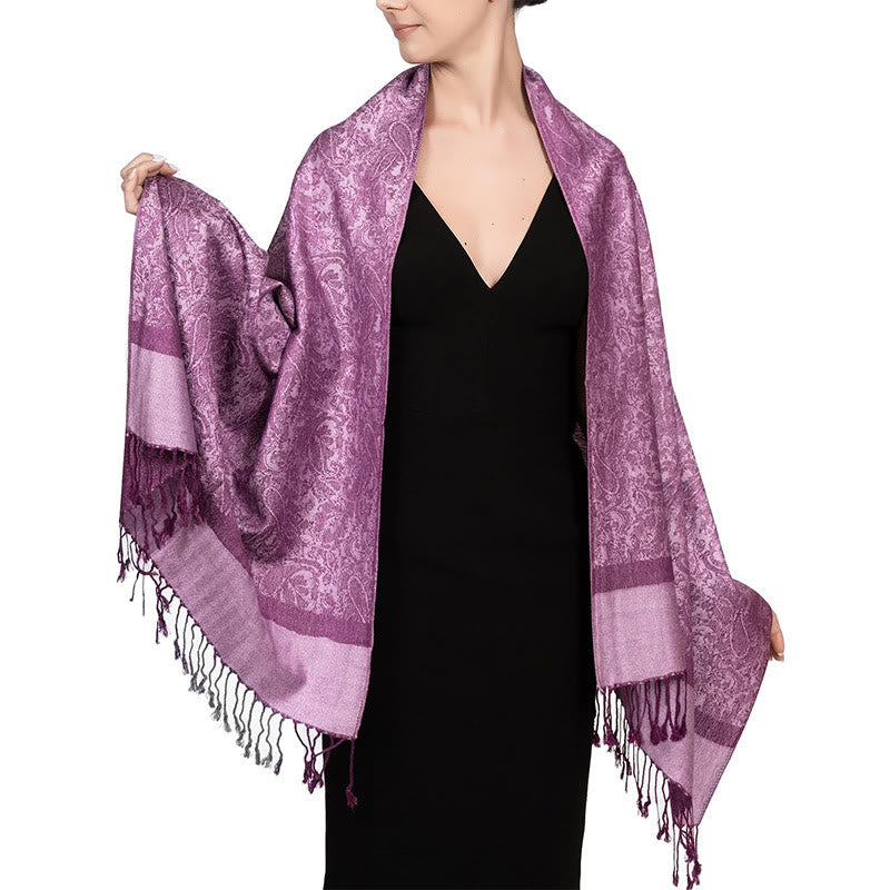 Chal de borlas de jacquard tibetano con Buddha Stones y anacardo para primavera, otoño e invierno, cálido y acogedor - Magenta 180*70cm - image 35