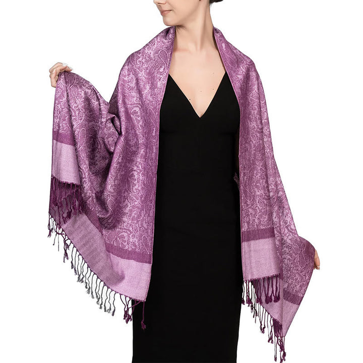 Chal de borlas de jacquard tibetano con Buddha Stones y anacardo para primavera, otoño e invierno, cálido y acogedor - Magenta 180*70cm - image 35