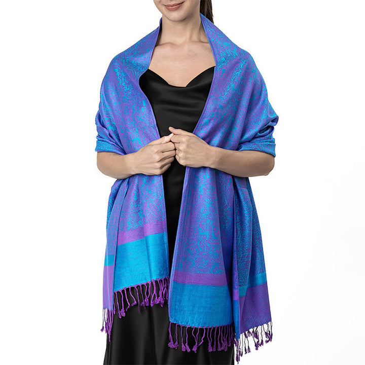 Chal de borlas de jacquard tibetano con Buddha Stones y anacardo para primavera, otoño e invierno, cálido y acogedor - Azul 180*70cm - image 43