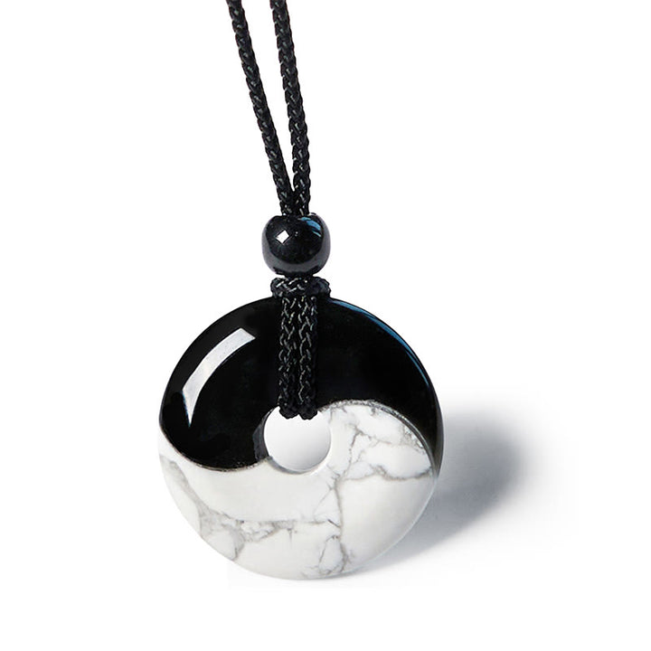 Collar con colgante de fuerza con cuerda trenzada y diseño de hebilla de paz Yin Yang con obsidiana negra natural y turquesa blanca y Buddha Stones