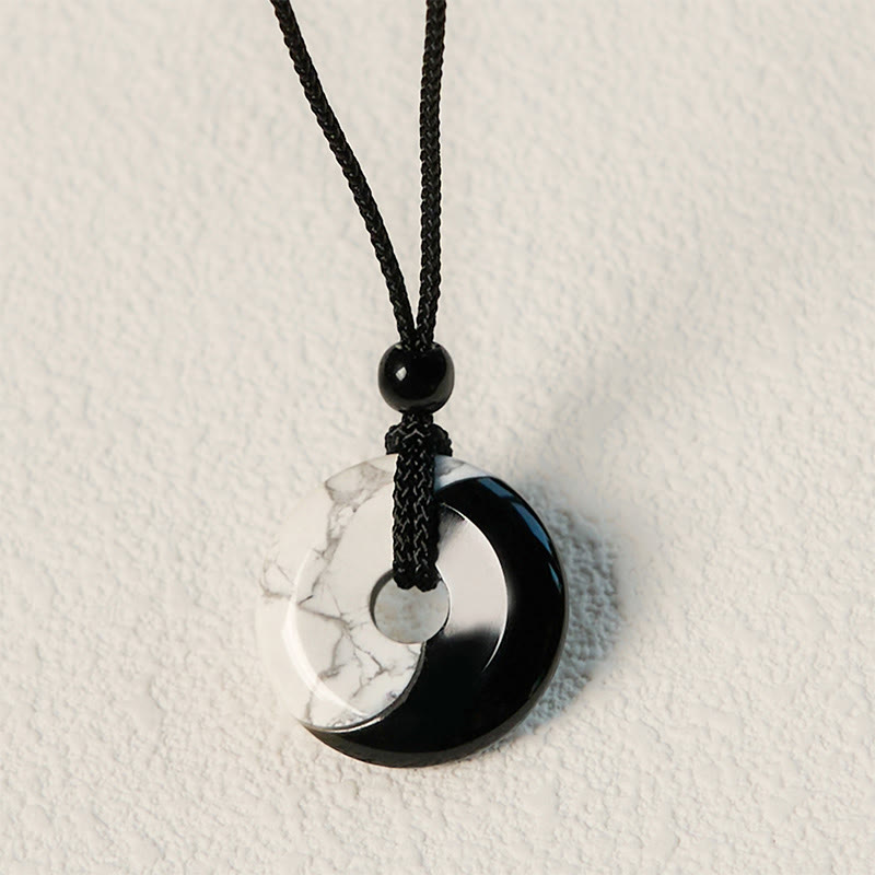 Collar con colgante de fuerza con cuerda trenzada y diseño de hebilla de paz Yin Yang con obsidiana negra natural y turquesa blanca y Buddha Stones