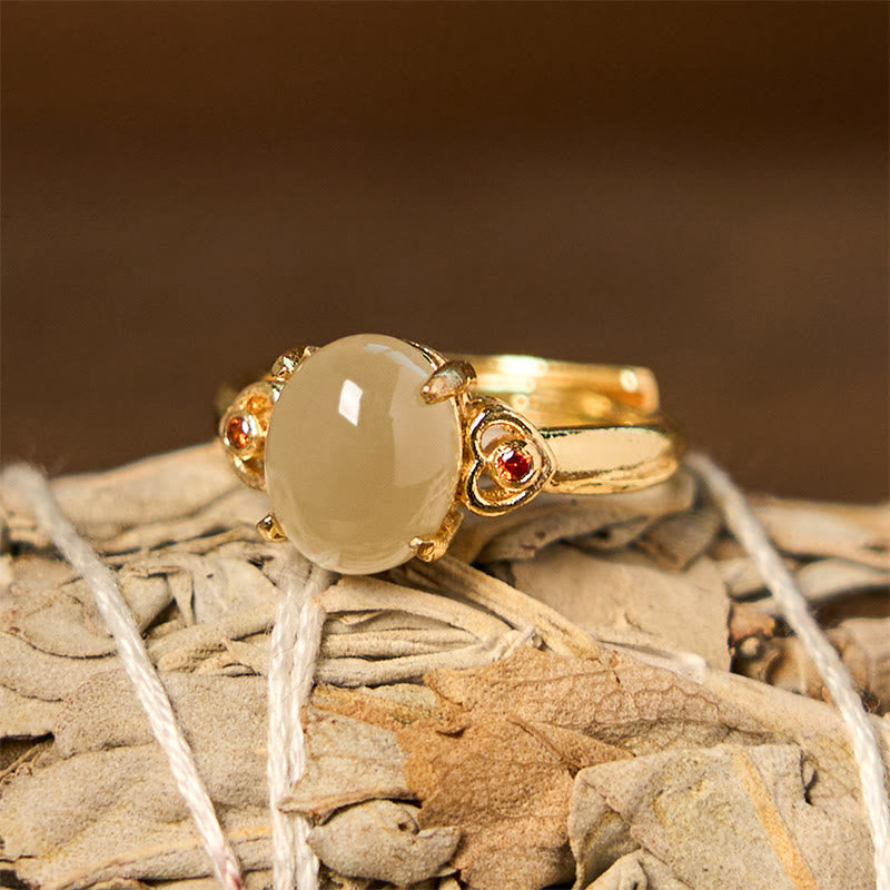 Anillo abierto de cobre con forma de corazón y jade hetiano natural con Buddha Stones
