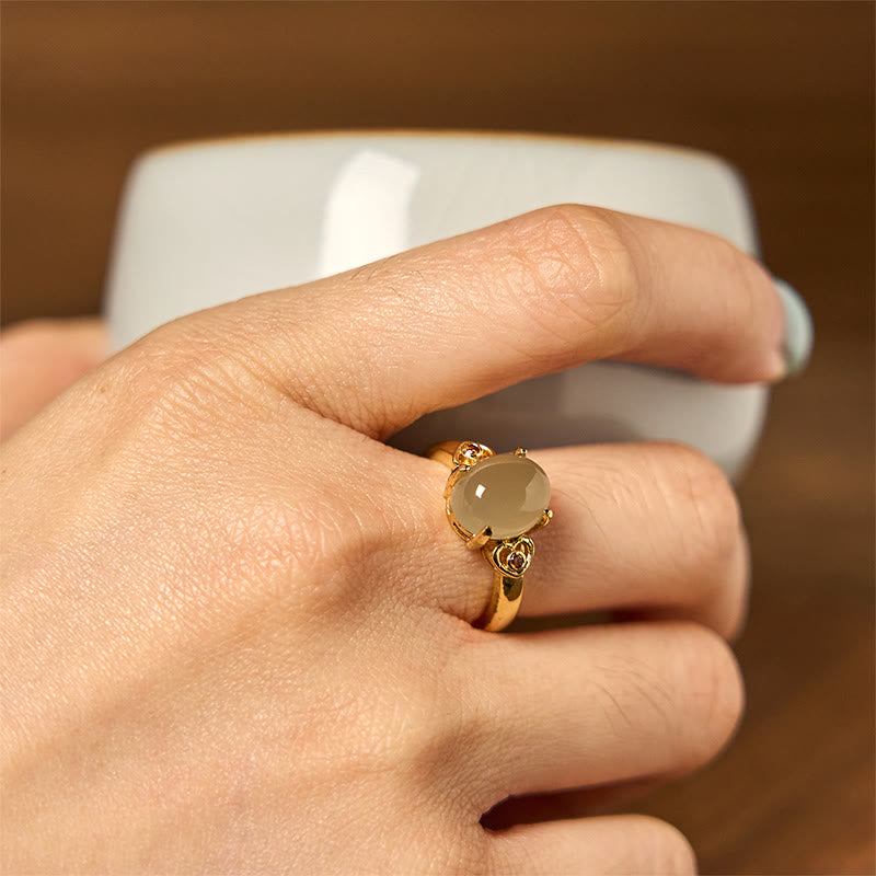 Anillo abierto de cobre con forma de corazón y jade hetiano natural con Buddha Stones