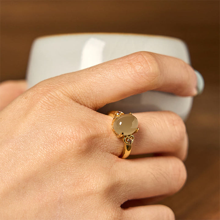 Anillo abierto de cobre con forma de corazón y jade hetiano natural con Buddha Stones