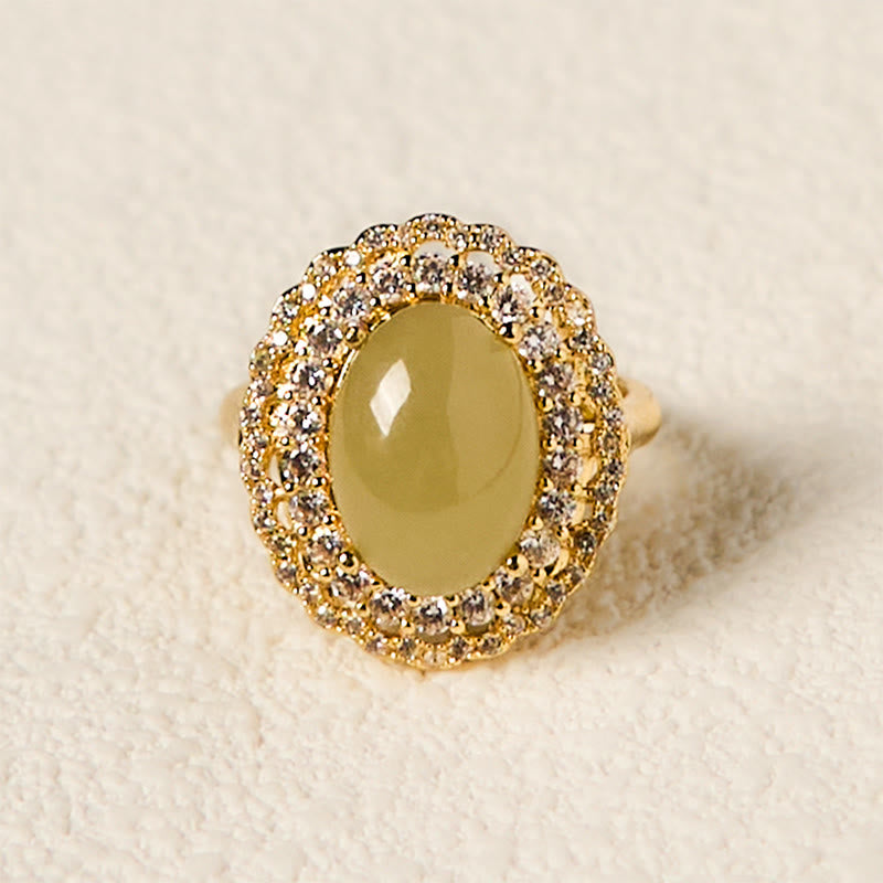 Anillo de abundancia abierto de cobre con circonita y doble círculo hueco de jade hetiano natural con Buddha Stones