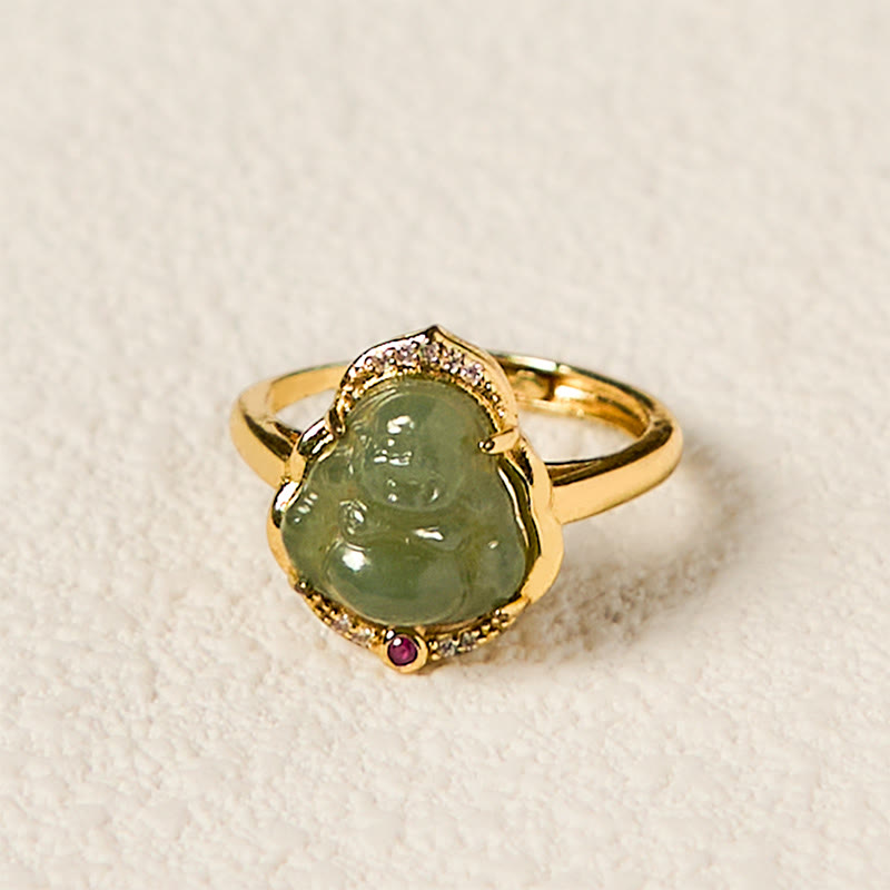 Anillo de la suerte abierto con forma de huevo de calabaza de jade Buddha Stones natural y Buda sonriente de cobre