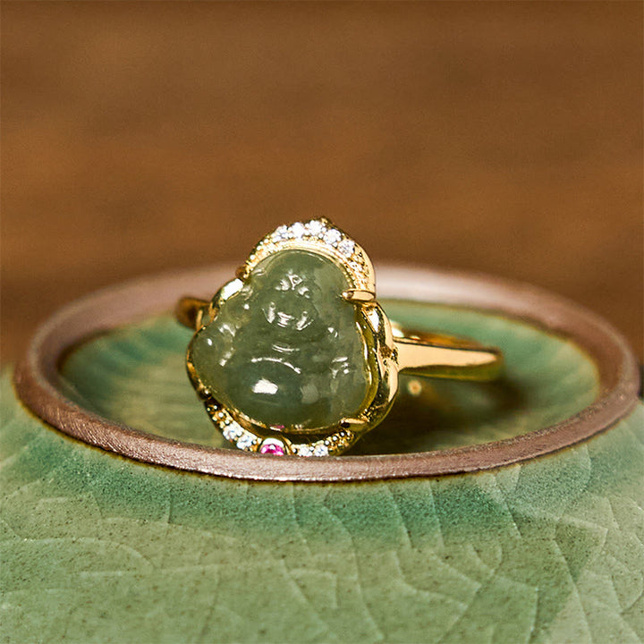 Anillo de la suerte abierto con forma de huevo de calabaza de jade Buddha Stones natural y Buda sonriente de cobre