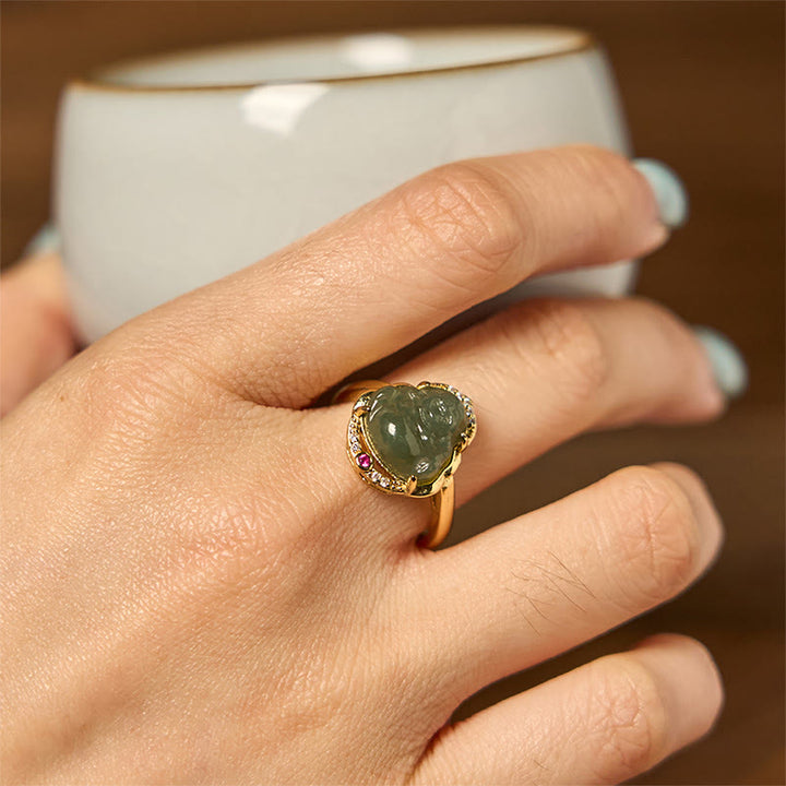 Anillo de la suerte abierto con forma de huevo de calabaza de jade Buddha Stones natural y Buda sonriente de cobre