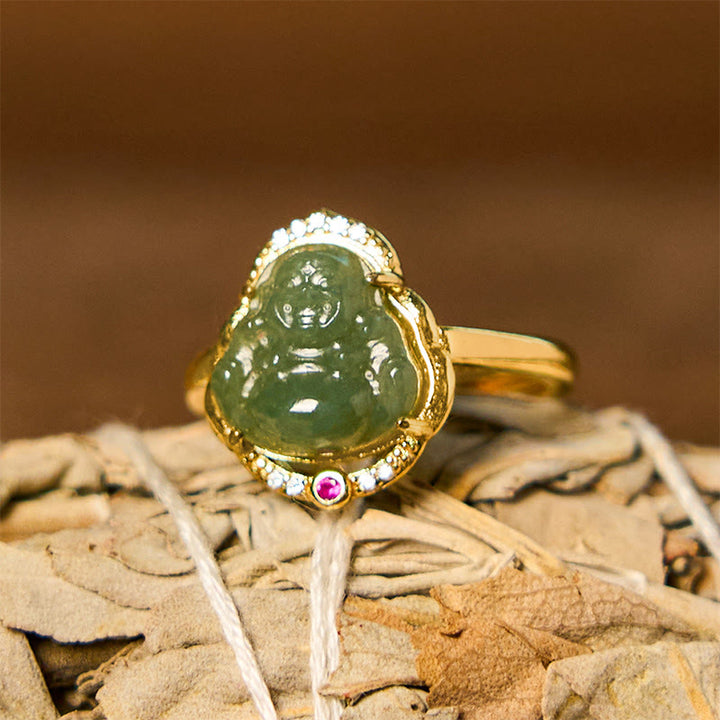 Anillo de la suerte abierto con forma de huevo de calabaza de jade Buddha Stones natural y Buda sonriente de cobre