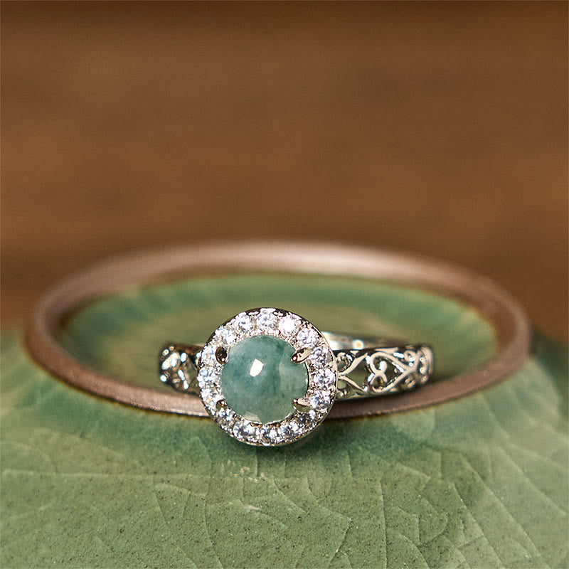 Anillo de la suerte con diseño de vara de ruyi y huevo de jade hetiano natural con Buddha Stones
