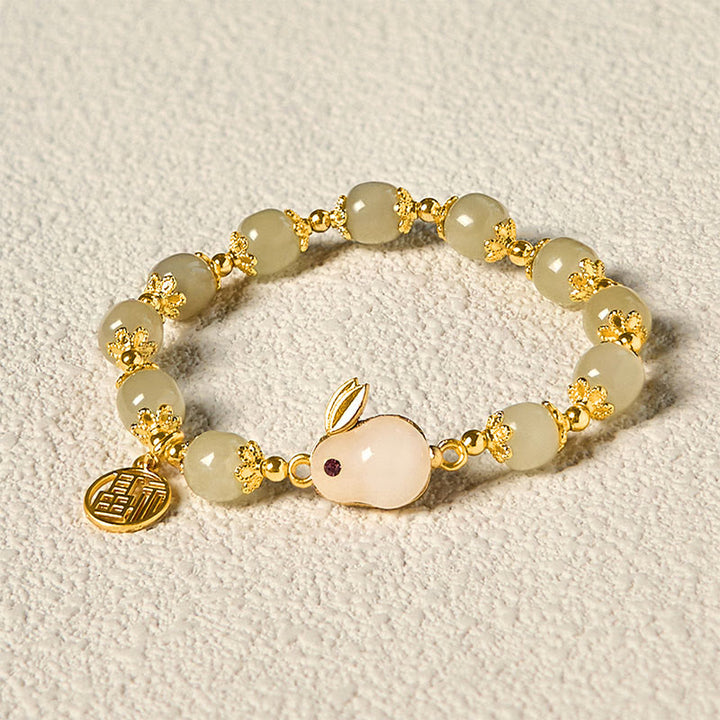 Pulsera de la abundancia de conejo de la marca Fu con personajes Fu de jade hetiano natural de Buddha Stones