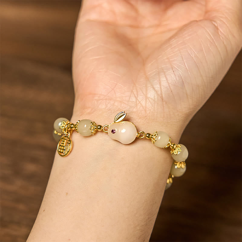 Pulsera de la abundancia de conejo de la marca Fu con personajes Fu de jade hetiano natural de Buddha Stones