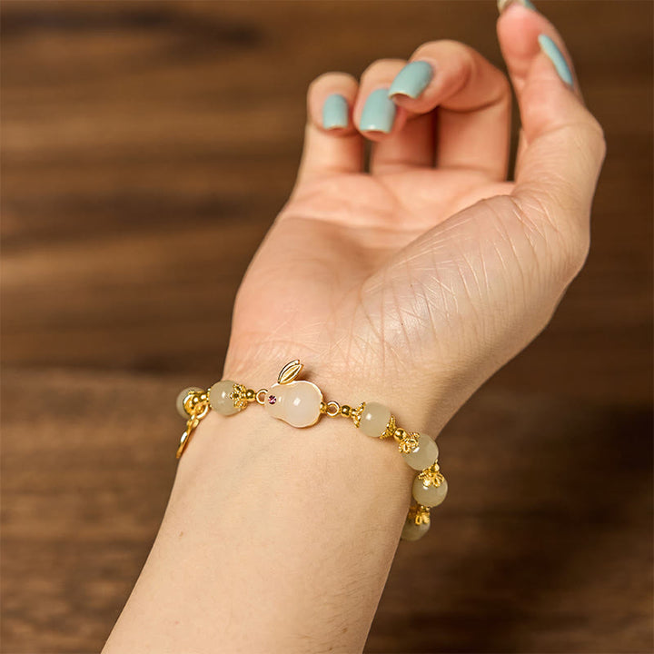 Pulsera de la abundancia de conejo de la marca Fu con personajes Fu de jade hetiano natural de Buddha Stones