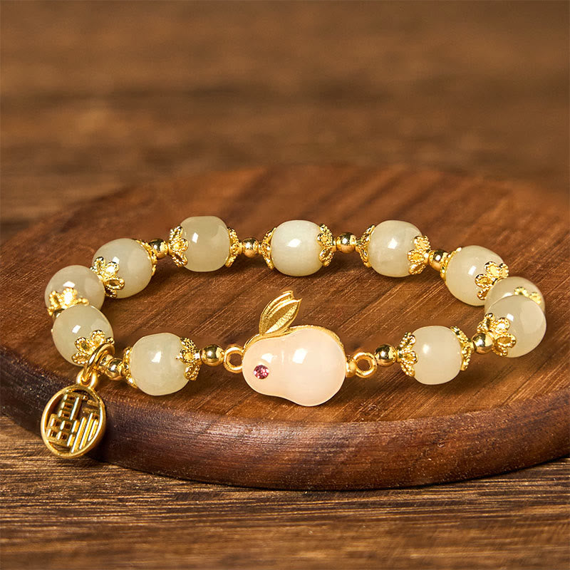 Pulsera de la abundancia de conejo de la marca Fu con personajes Fu de jade hetiano natural de Buddha Stones
