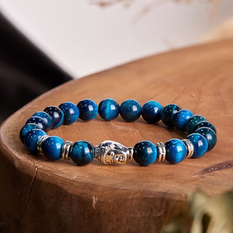 Pulsera de equilibrio con cabeza de Buda y ojo de tigre azul, verde y rojo con Buddha Stones