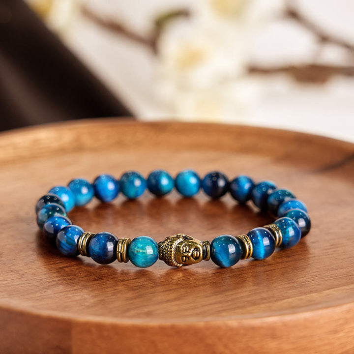 Pulsera de equilibrio con cabeza de Buda y ojo de tigre azul, verde y rojo con Buddha Stones