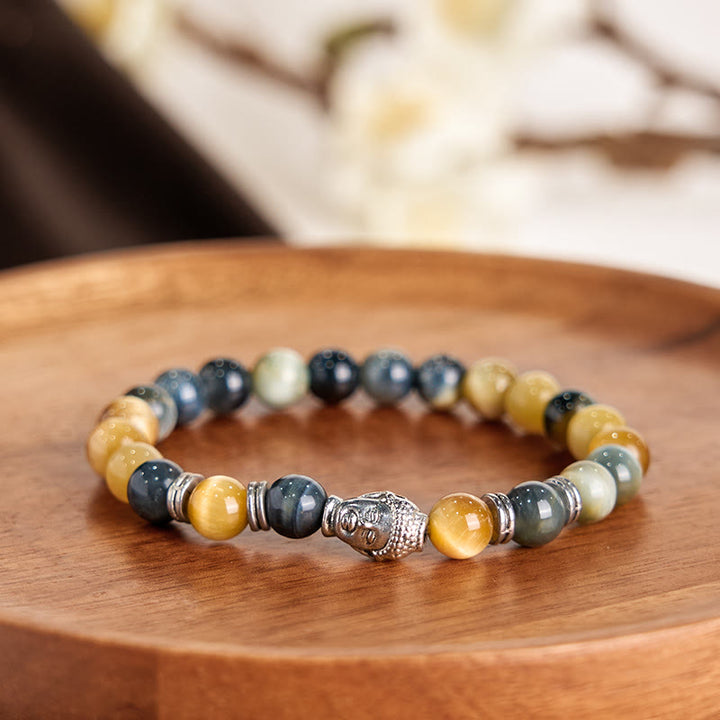Pulsera de equilibrio con cabeza de Buda y ojo de tigre azul, verde y rojo con Buddha Stones