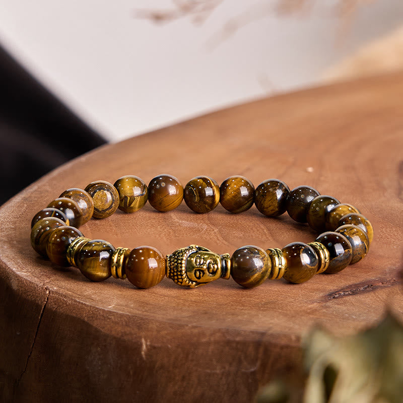 Pulsera de equilibrio con cabeza de Buda y ojo de tigre azul, verde y rojo con Buddha Stones