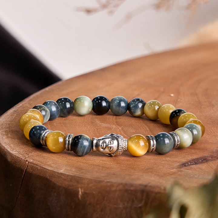 Pulsera de equilibrio con cabeza de Buda y ojo de tigre azul, verde y rojo con Buddha Stones