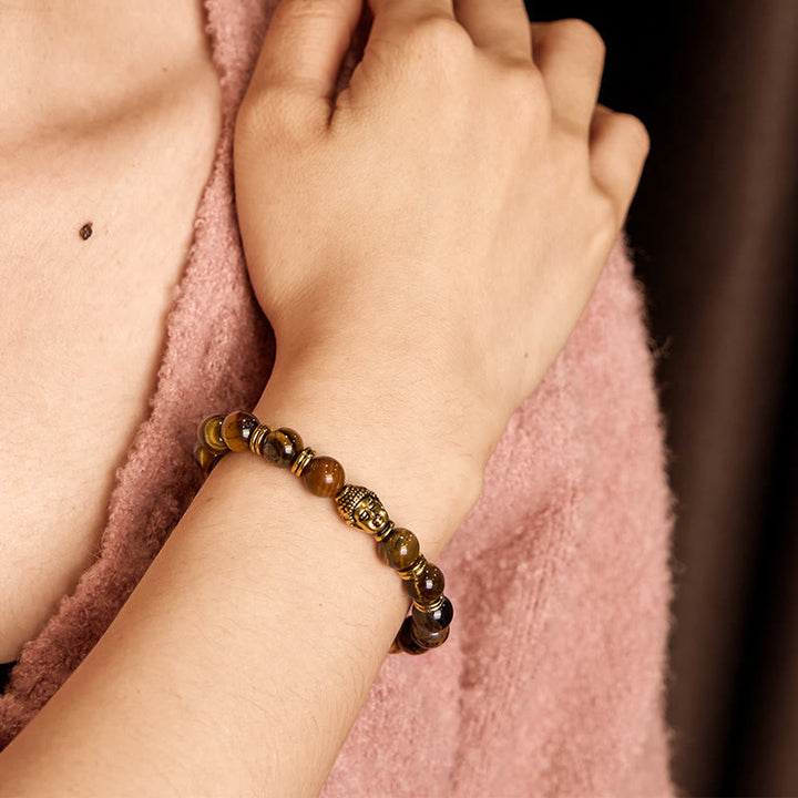 Pulsera de equilibrio con cabeza de Buda y ojo de tigre azul, verde y rojo con Buddha Stones