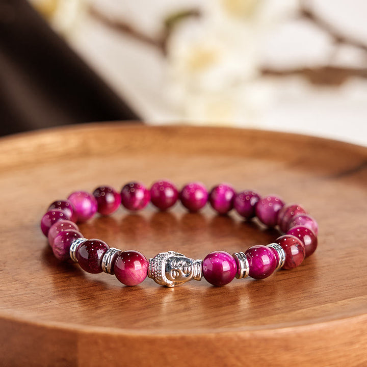 Pulsera de equilibrio con cabeza de Buda y ojo de tigre azul, verde y rojo con Buddha Stones