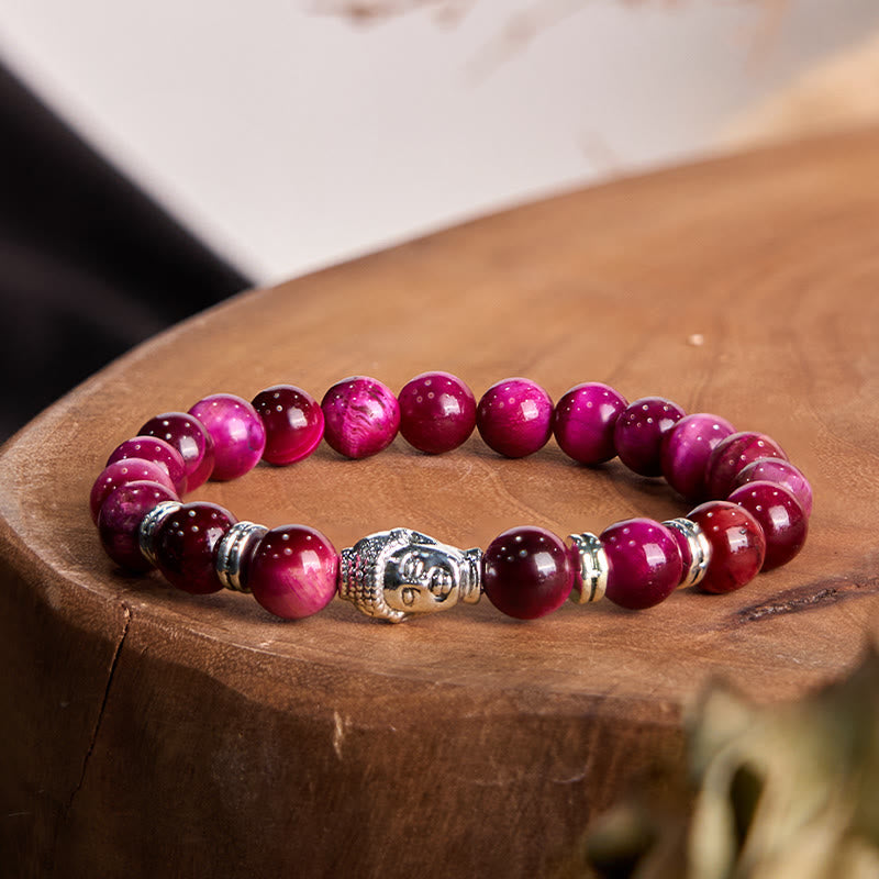 Pulsera de equilibrio con cabeza de Buda y ojo de tigre azul, verde y rojo con Buddha Stones