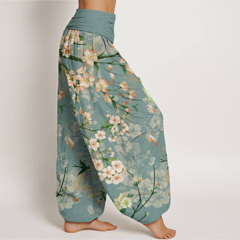Pantalones harén con cintura elástica para mujer, con estampado de gansos voladores y flores de durazno y piedras de Buddha Stones - image 1
