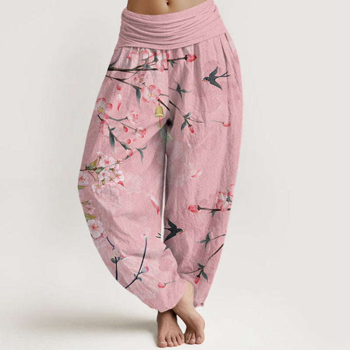 Pantalones harén con cintura elástica para mujer, con estampado de gansos voladores y flores de durazno y piedras de Buddha Stones - Rosa - US22，UK/AU26，EU54 (6XL) - image 5