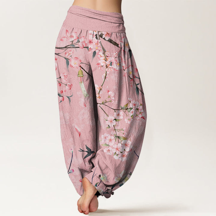 Pantalones harén con cintura elástica para mujer, con estampado de gansos voladores y flores de durazno y piedras de Buddha Stones - image 6