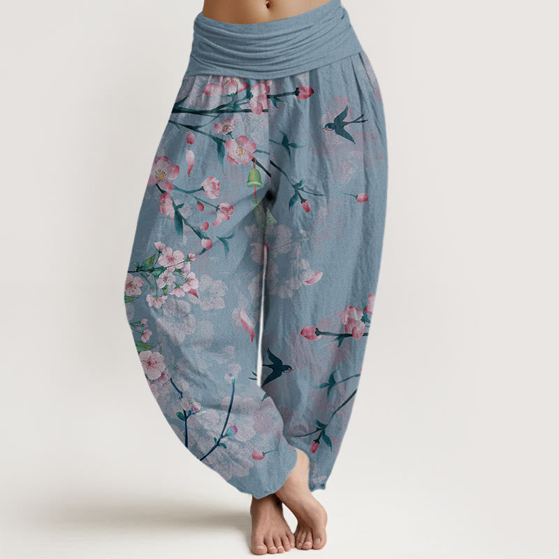 Pantalones harén con cintura elástica para mujer, con estampado de gansos voladores y flores de durazno y piedras de Buddha Stones - Azul aciano - US22，UK/AU26，EU54 (6XL) - image 7