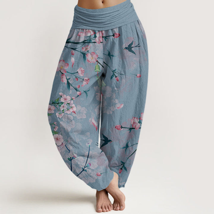 Pantalones harén con cintura elástica para mujer, con estampado de gansos voladores y flores de durazno y piedras de Buddha Stones - Azul aciano - US22，UK/AU26，EU54 (6XL) - image 7