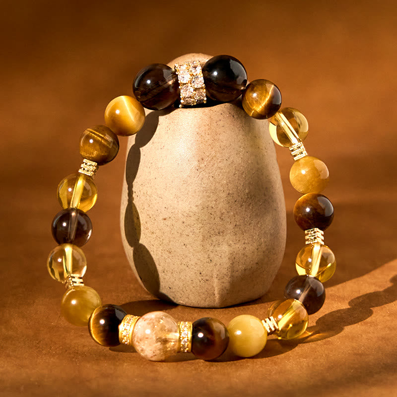 Pulsera de la felicidad con Buddha Stones, citrino, topacio, cuarzo ahumado y ojo de tigre