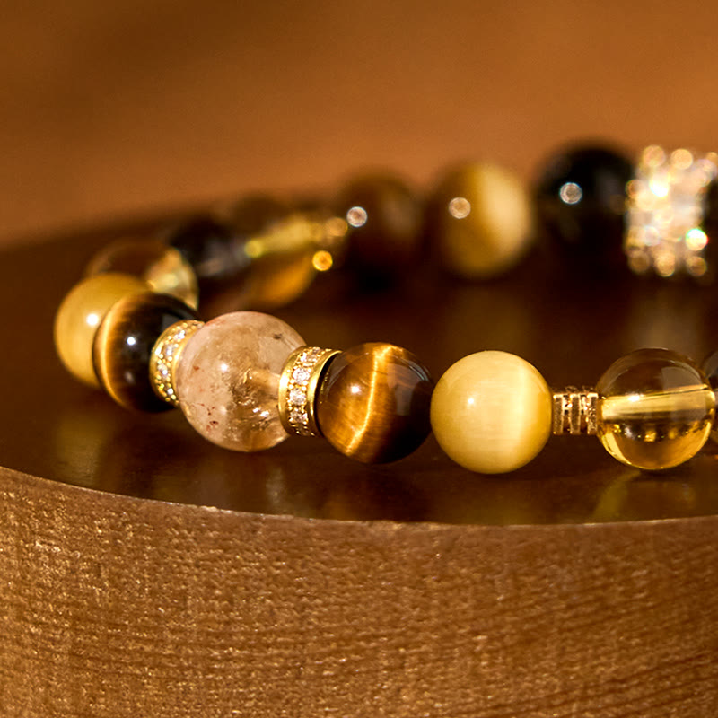 Pulsera de la felicidad con Buddha Stones, citrino, topacio, cuarzo ahumado y ojo de tigre