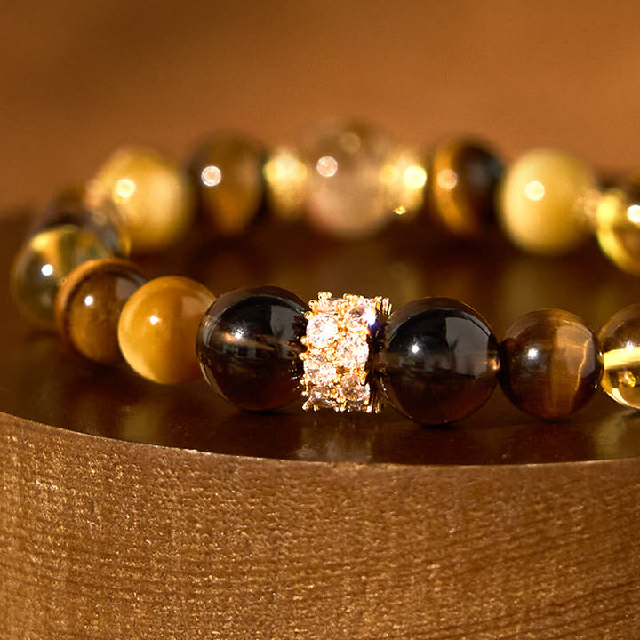 Pulsera de la felicidad con Buddha Stones, citrino, topacio, cuarzo ahumado y ojo de tigre