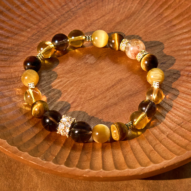 Pulsera de la felicidad con Buddha Stones, citrino, topacio, cuarzo ahumado y ojo de tigre