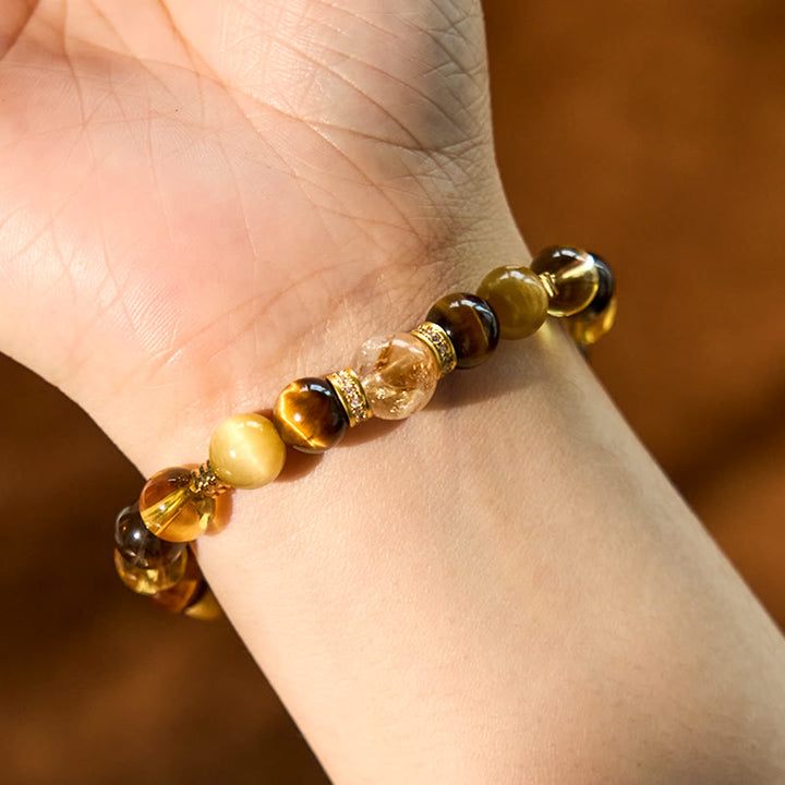 Pulsera de la felicidad con Buddha Stones, citrino, topacio, cuarzo ahumado y ojo de tigre