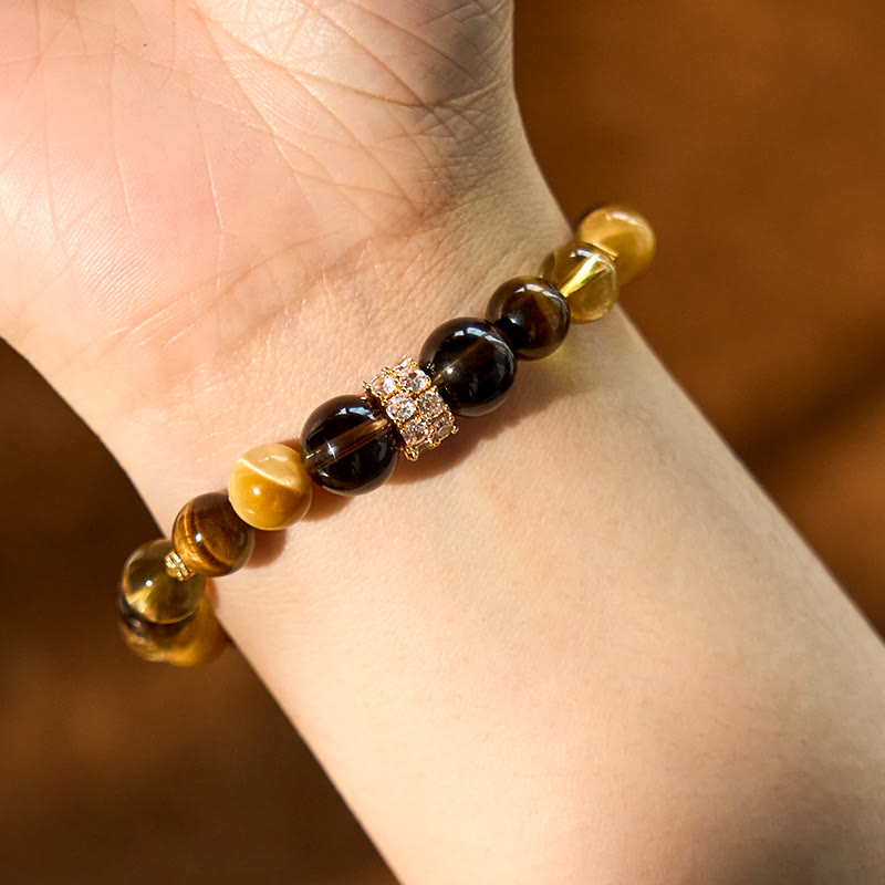 Pulsera de la felicidad con Buddha Stones, citrino, topacio, cuarzo ahumado y ojo de tigre