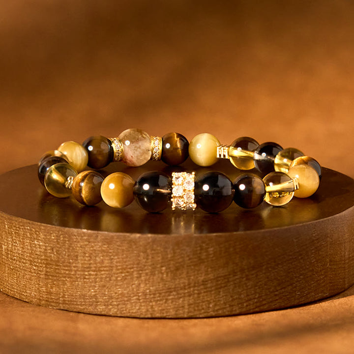 Pulsera de la felicidad con Buddha Stones, citrino, topacio, cuarzo ahumado y ojo de tigre