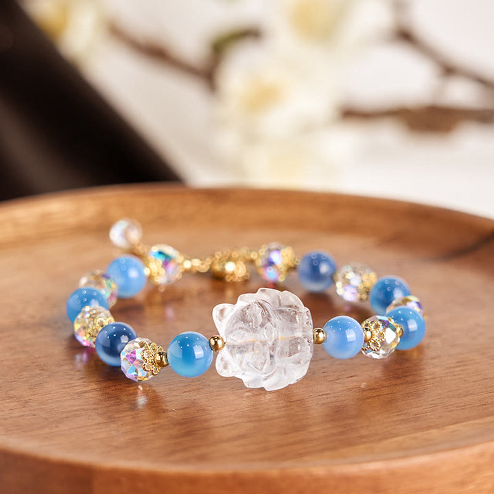 Pulsera de armonía con zorro de nueve colas y cristal blanco y ágata azul natural de Buddha Stones